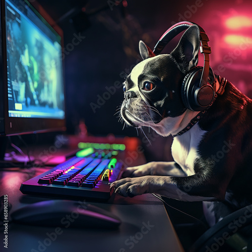 funny boston terrier, dog gamer wearing headphones playing computer game in cinematic lighting photo