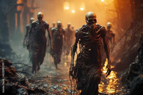 a group of zombies walking through a forest