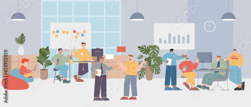 Office open space plan scene of people employee coworker colleague working together collaboration in a workspace busy many team illustration cartoon