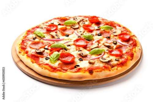Pizza with mushrooms, onion, pepper and tomato on white background
