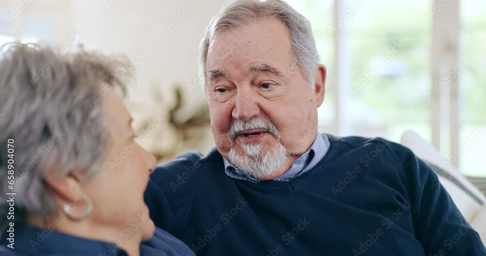 Home, relax and senior couple with conversation, love and trust with support, respect and bonding in a lounge. Apartment, old man and elderly woman on a couch, retirement and talking with marriage Home, relax and senior couple with conversation, love and trust with support, respect and bonding in a lounge. Apartment, old man and elderly woman on a couch, retirement and talking with marriage