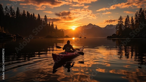 A kayaker peacefully paddling through a calm, reflective lake at sunrise.