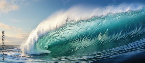 Massive wave crashes forcefully onto shallow reef With copyspace for text