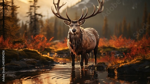 A majestic caribou stands tall and proud, with the rising sun casting a warm glow on its strong