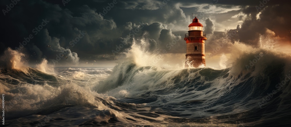 Lighthouse guiding ship through stormy sea With copyspace for text