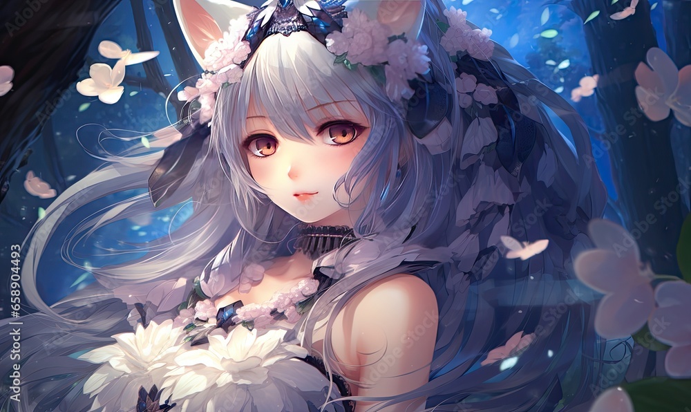 Photo of a girl with cat ears and a flower in her hair