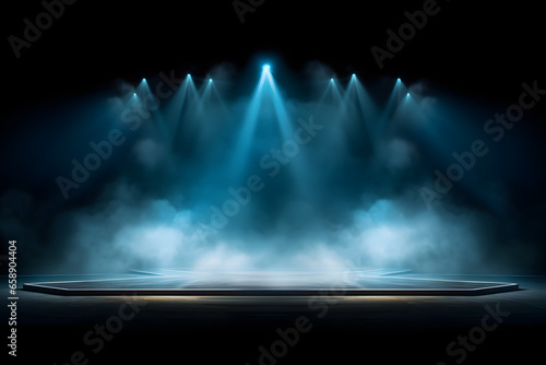 Beleuchtete Bühne mit Lichtern und Rauch Blauer Scheinwerfer mit Lichteffekt auf schwarzem Hintergrund Nebel Rauch Wolken