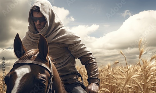 Photo of a man riding a brown horse in a picturesque setting photo