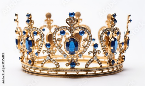 Photo of a luxurious gold crown adorned with sparkling blue gemstones