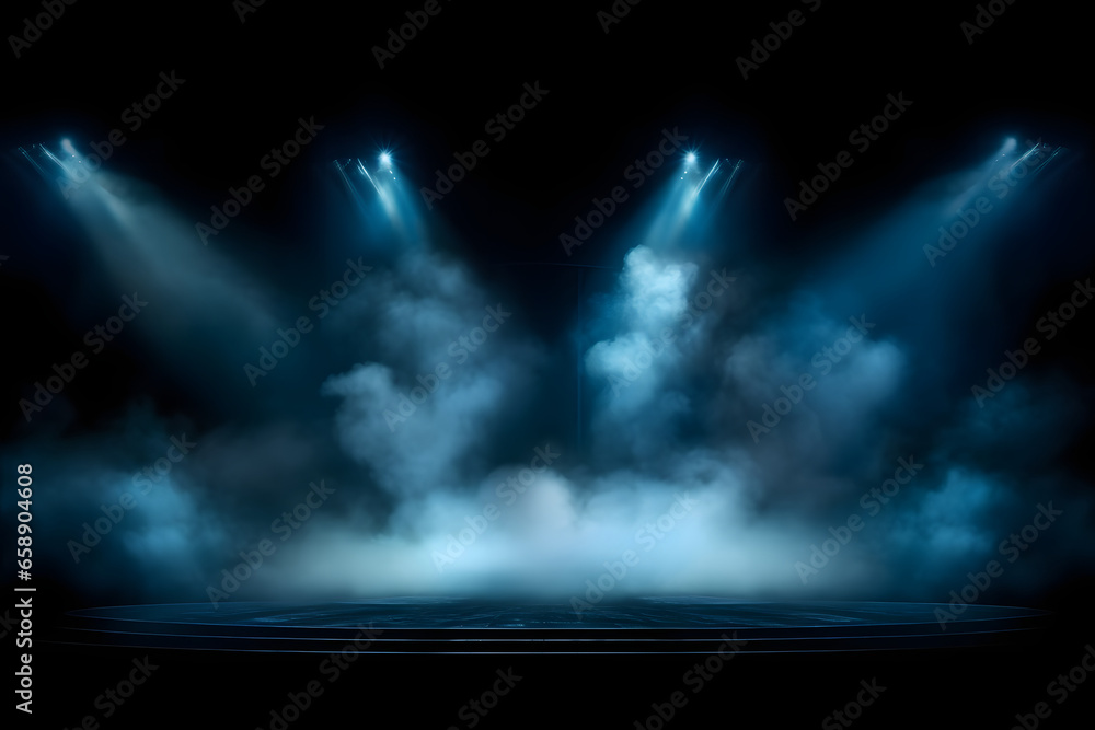 Beleuchtete Bühne mit Lichtern und Rauch Blauer Scheinwerfer mit Lichteffekt auf schwarzem Hintergrund Nebel Rauch Wolken