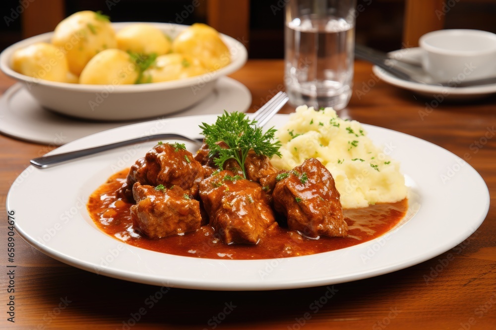 Beef goulash stew with mashed potato.