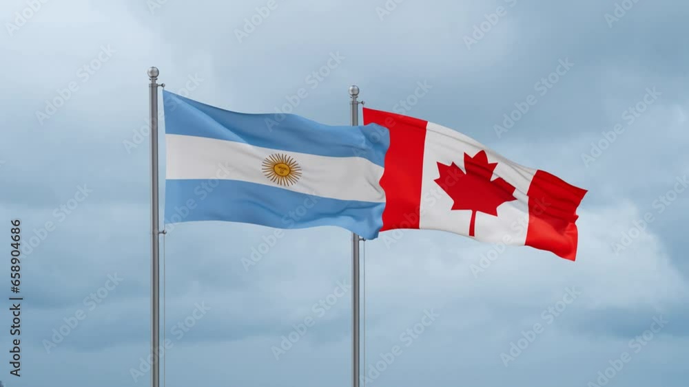 Canada and Argentina flag waving together on cloudy sky, endless seamless loop, two country cooperation concept Canada and Argentina flag waving together on cloudy sky, endless seamless loop, two country cooperation concept