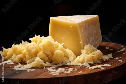 Parmesan cheese on wooden board, closeup.