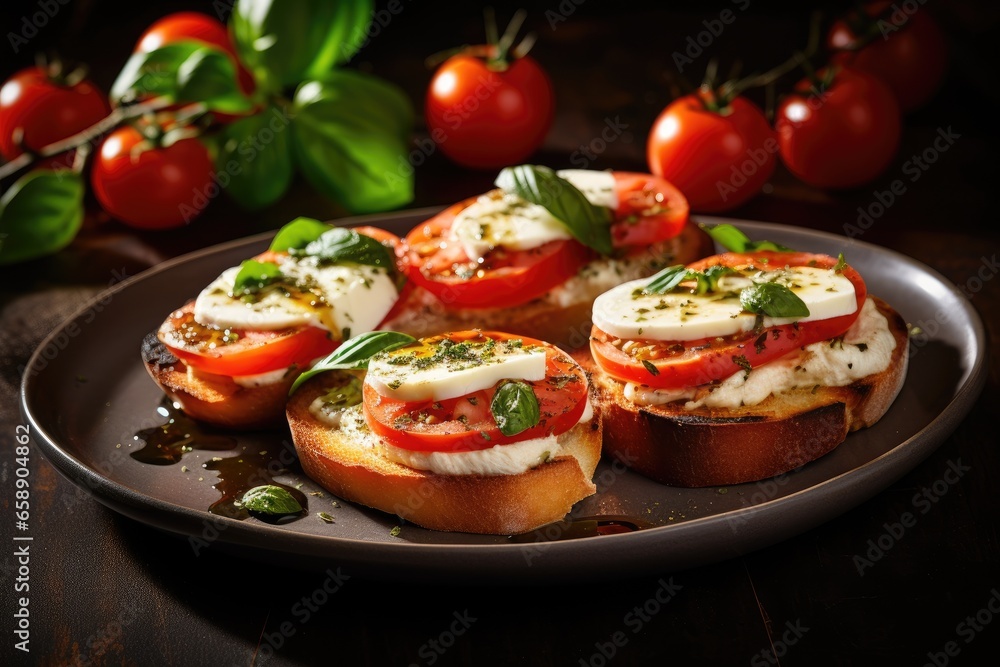 Bruschetta with tomatoes, mozzarella and basil Bruschetta with tomatoes, mozzarella and basil