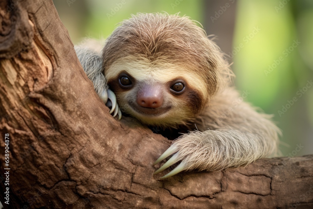 Fototapeta premium Three toed sloth in tree in rainforest.