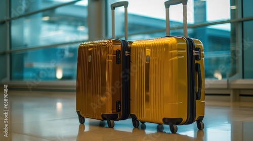 Two suitcases in airport hall for traveler on vacation. Generative Ai