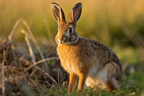 Brown rabbit standing in field.