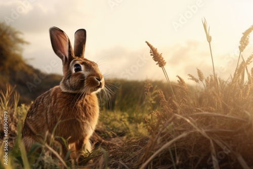 Brown rabbit standing in field.