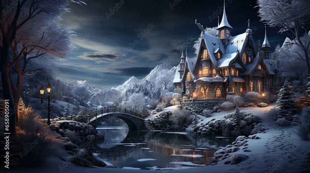 Castle background winter snowy forest. Snow, snowflakes. Winter landscape. - obrazy, fototapety, plakaty 