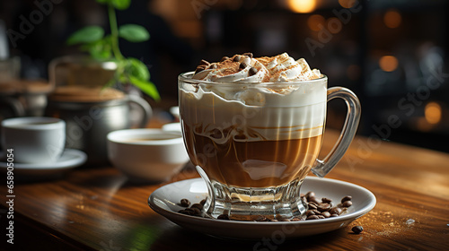 Cafe latte macchiato layered coffee in a see through glass coffee cup. The cup is on a wooden background with coffee beans on the table next to the cup.