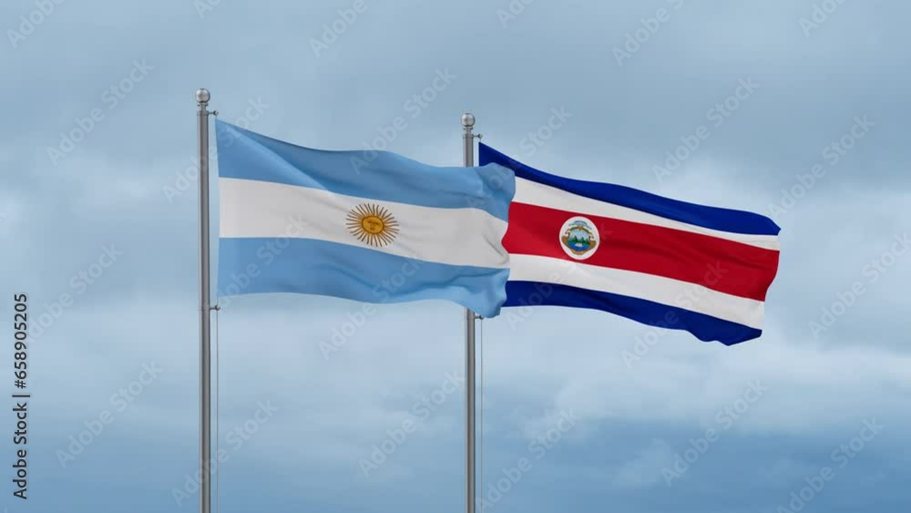 Costa Rico and Argentina flag waving together on cloudy sky, endless seamless loop, two country cooperation concept Costa Rico and Argentina flag waving together on cloudy sky, endless seamless loop, two country cooperation concept