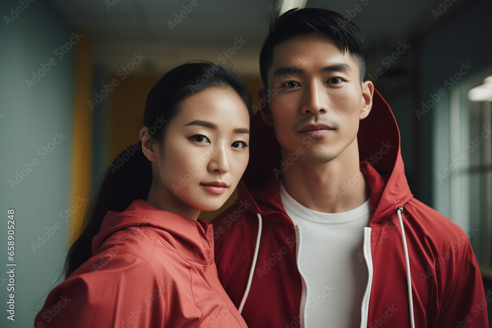 young Asian couple exercising