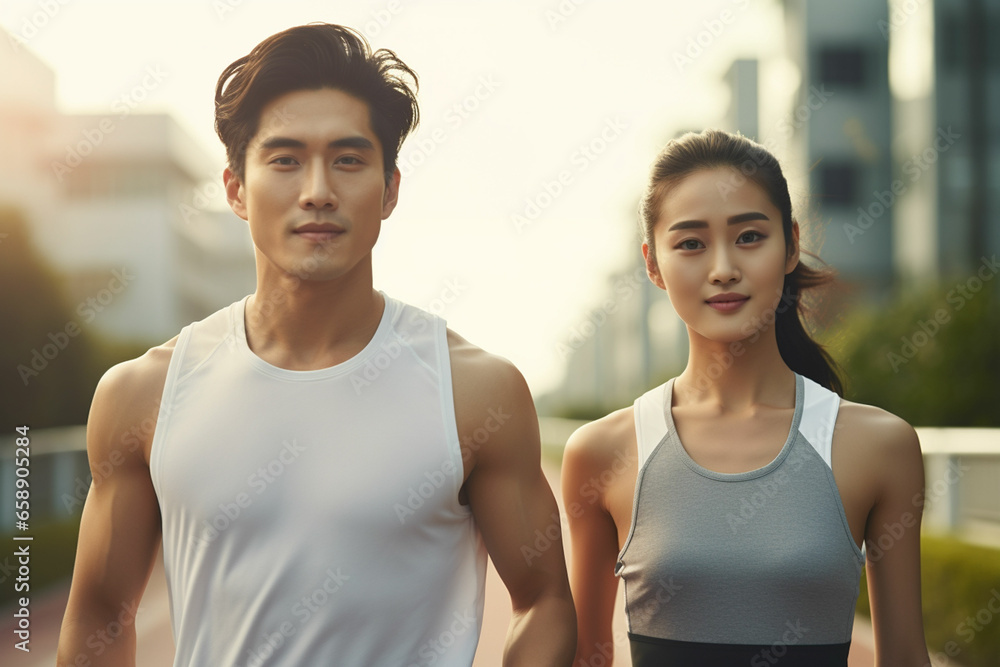 young Asian couple exercising