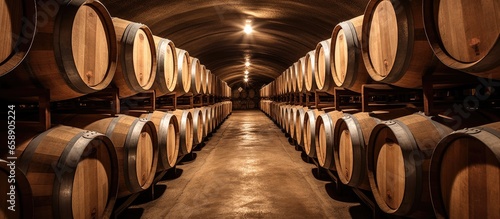 Winery s cellar holds wooden wine barrels With copyspace for text