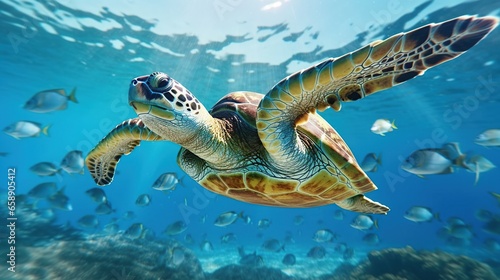 Beautiful turtle swimming among fishes in blue water of ocean