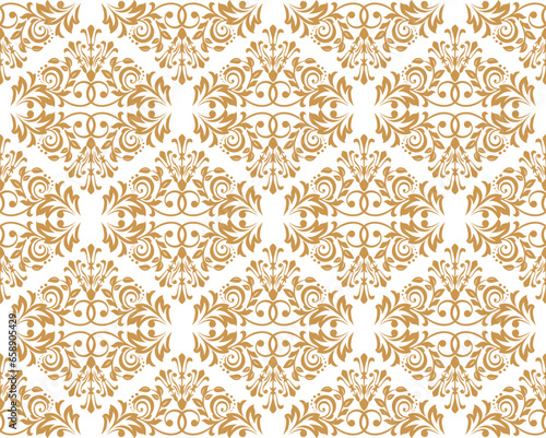 Wallpaper in the style of Baroque. Seamless vector background. White and gold floral ornament. Graphic pattern for fabric, wallpaper, packaging. Ornate Damask flower ornament