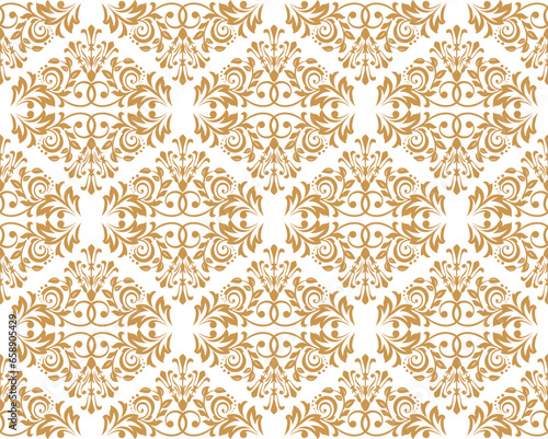 Wallpaper in the style of Baroque. Seamless vector background. White and gold floral ornament. Graphic pattern for fabric, wallpaper, packaging. Ornate Damask flower ornament