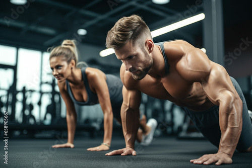 sport couple doing plank exercise workout