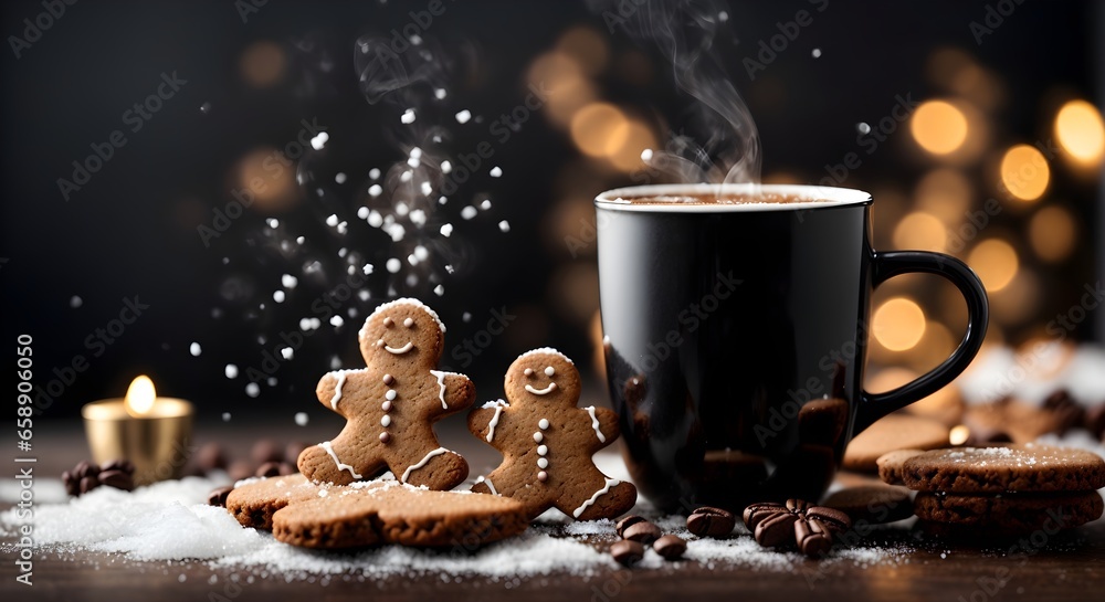 Closeup of black coffee mug, coffee steam, snow falling, food and beverages background, banner with copy space text