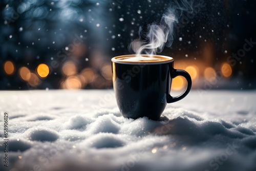 Obraz na płótnie Closeup of black coffee mug, coffee steam, snow falling, food and beverages background, banner with copy space text w salonie