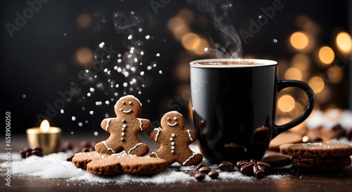 Obraz na płótnie Closeup of black coffee mug, coffee steam, snow falling, food and beverages background, banner with copy space text w salonie