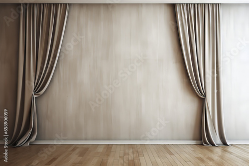 Staged interior room with symmetric open curtains over blank off white wall, copy space