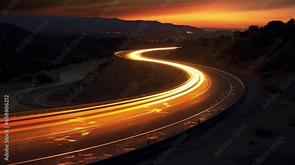 Car light trails at dusk on curved asphalt road