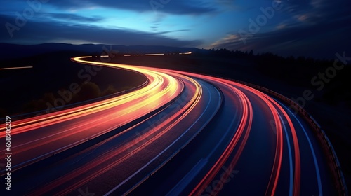 Car light trails at dusk on curved asphalt road