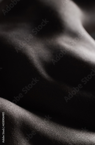 Fitness, man and topless with closeup in studio for wellness, stomach and body on dark background. Person, muscle and bodybuilder with strength, healthy lifestyle and muscles for aesthetic figure