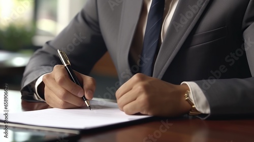 Close up of businessman sitting at table and signing document photo