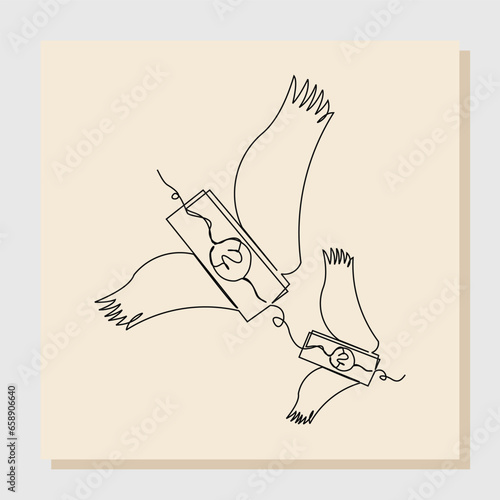 Continuous line sketch hand drawn drawing art of money paper flying with wings. Vector illustration single one line of loss dollar banknote money