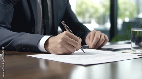 Close up of businessman sitting at table and signing document photo