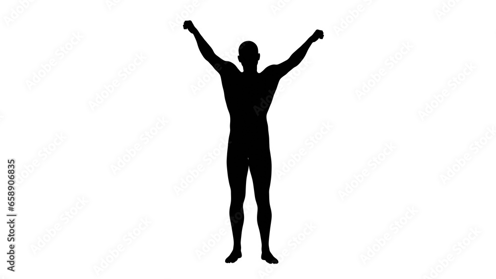 Silhouette of a beautiful young athletic man raising arms, transparent background. 3d illustration (rendering).