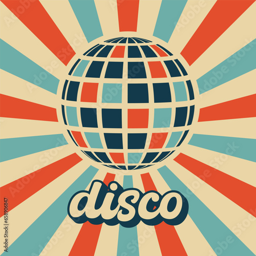 Retro groovy disco ball in trendy vintage colors with sunburst background. Disco vintage poster for retro 70s parties