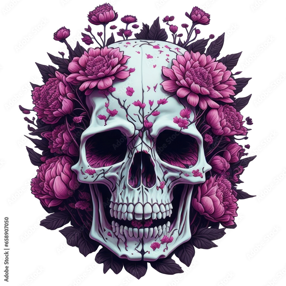 Fototapeta premium White human skull with pink flowers surrounding the skull.