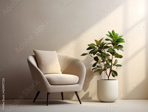 Living room with modern chair and potted plant in front of a white wall generative ai