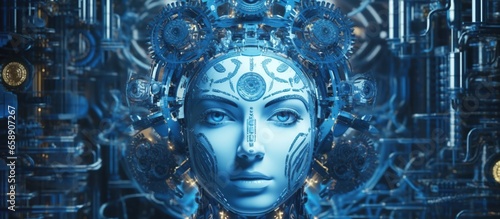 The head of the machine is wired to a super computer. Cyborg with artificial intelligence,  photo