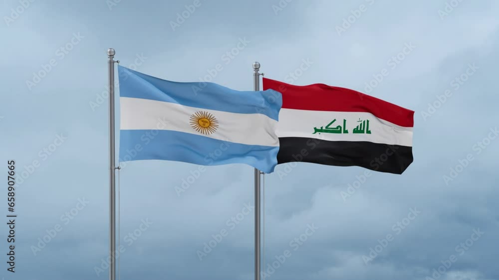 Iraq flag and Argentina flag waving together on blue sky, looped video Iraq flag and Argentina flag waving together on blue sky, looped video