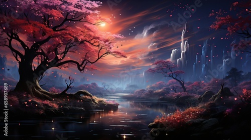 Fantasy night landscape. Dark cold futuristic forest. 