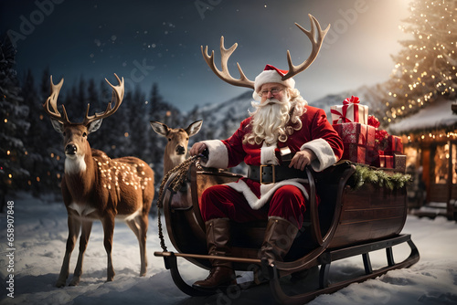 Santa Claus iding on sleigh with deer and gifts